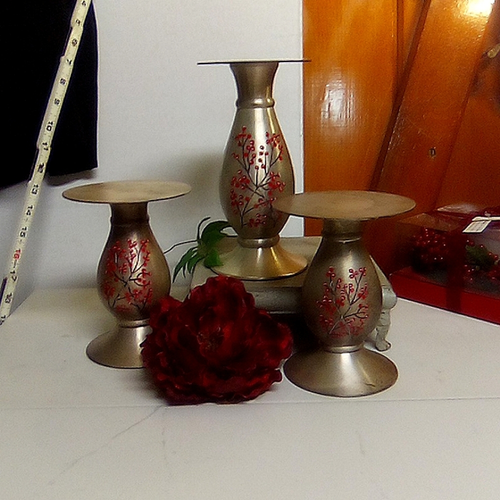 3 Silver White Barn Candle Co Pillar Set Red Winter Berries
